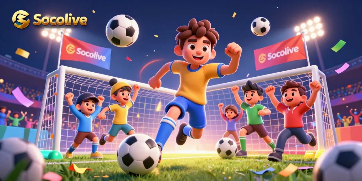 Socolive enhances sports betting excitement with a dynamic soccer scene depicting action, cheering fans, and betting elements.