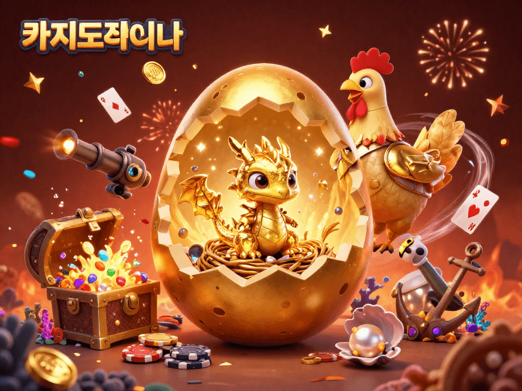 카지노사이트에서 황금 알에서 태어난 드래곤과 포커 칩의 환상적인 장면을 보여줍니다.
