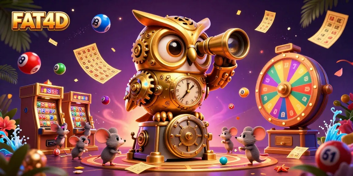 Witness the dynamic FAT4D casino scene with a golden owl, lively lottery balls, and thrilling game elements.