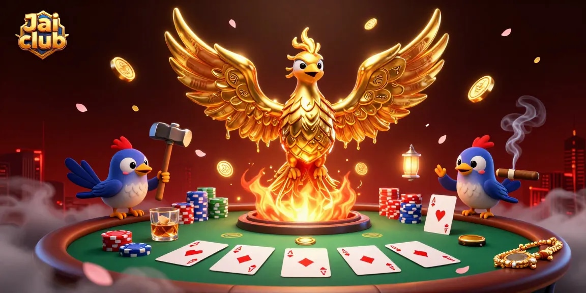 Join exciting gameplay on Jai club, featuring a phoenix and poker elements in a vibrant 3D illustration.