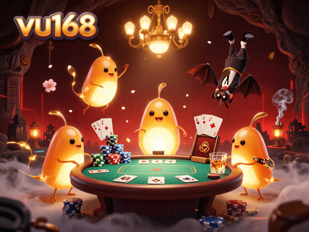 Experience the thrilling vibe of vu168 with glowworms illuminating a dynamic casino scene full of poker action.