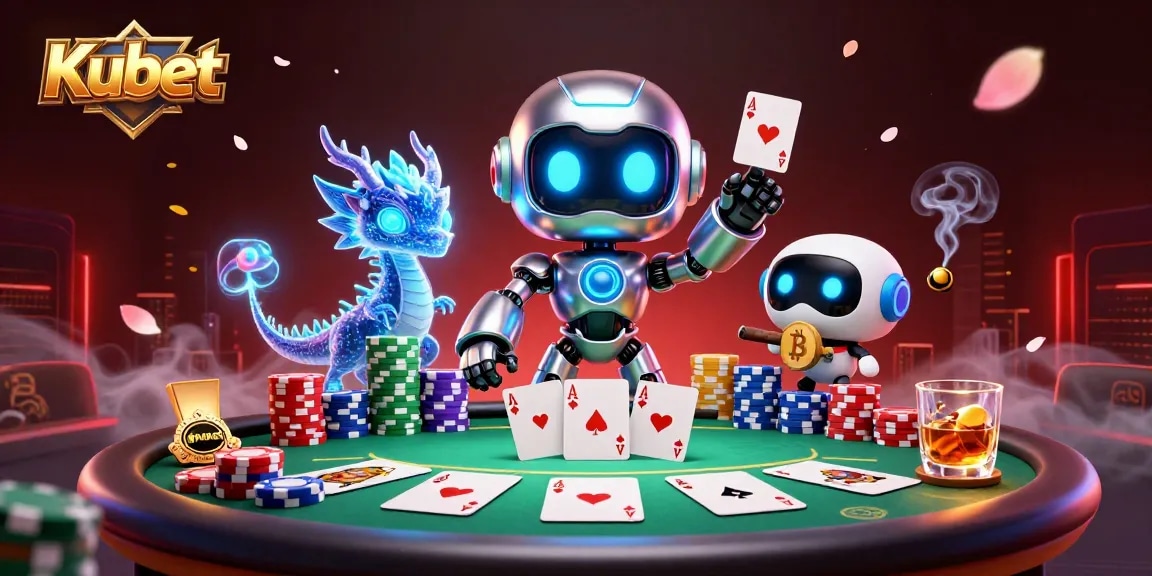 Mengalami keseruan Kasino Kubet dengan robot cyborg dan dron, membawa simbol bitcoin dalam aksi permainan poker.