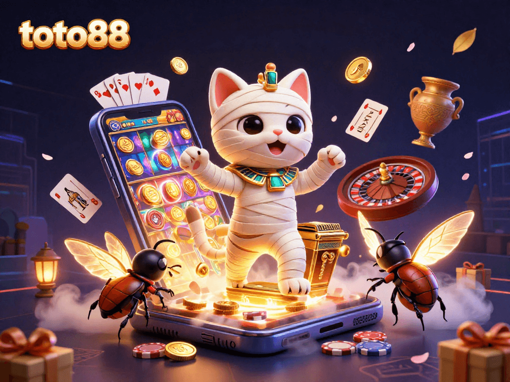 Experience the excitement of toto88 with a vibrant scene filled with a mummy cat, glowing scarab, and rich casino elements.