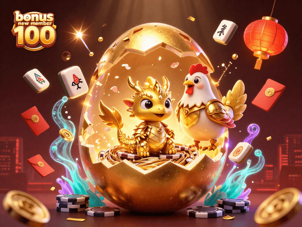 Play and win with bonus new member 100 at a vibrant, animated casino scene with gold-themed characters.