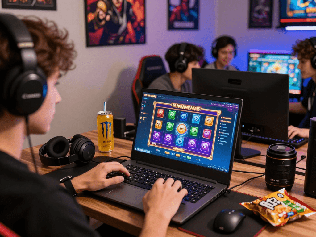 Pengguna TANGANEMAS memainkan slot online dalam suasana nyaman, dikelilingi peralatan gaming dan teman-teman.