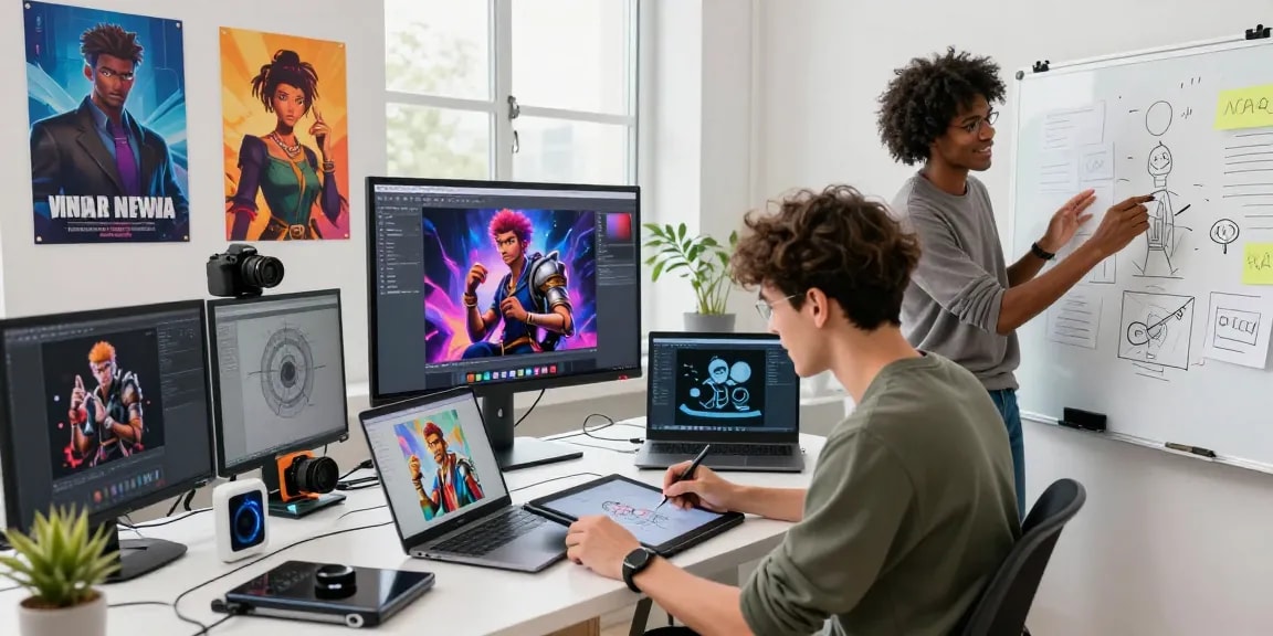 A collaborative team developing NSFW AI characters in a bright digital studio.