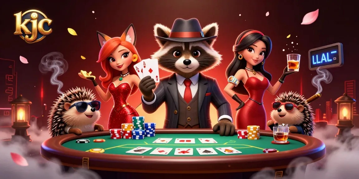 Engage with elite poker ambiance featuring the charming KJC raccoon holding a winning hand.
