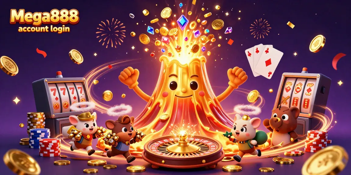 Experience the Mega888 account login with a vibrant 3D scene of a golden volcano erupting treasures and joyful characters.