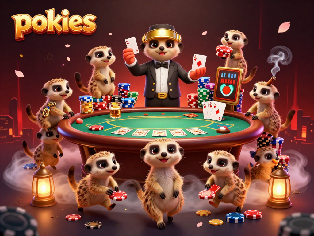 Experience pokies excitement with meerkats playing in a vibrant casino scene.