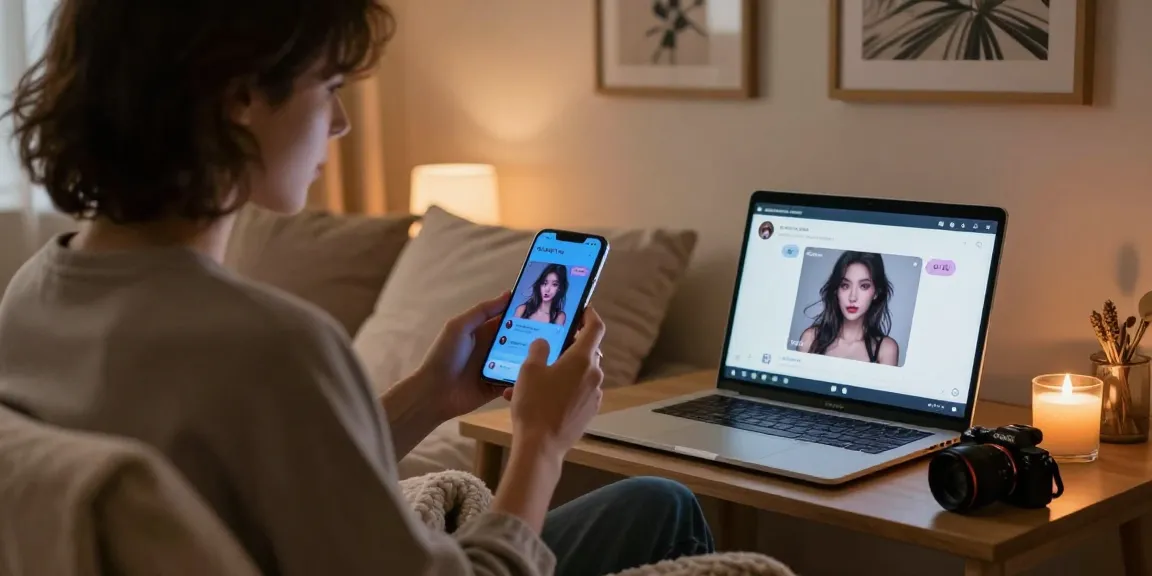 Engaging in NSFW AI chat on a smartphone in a cozy bedroom, enhancing virtual intimacy with a captivating avatar.