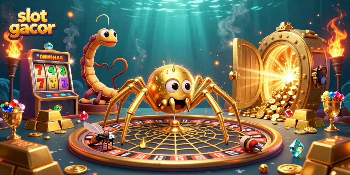 Slot gacor dengan laba-laba emas dan croupier centipede di roda roulette.
