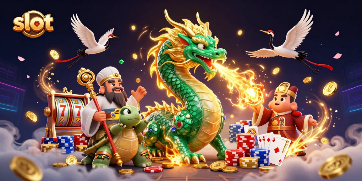 Win big playing slot games with a jade dragon and lucky symbols in this vibrant casino scene.