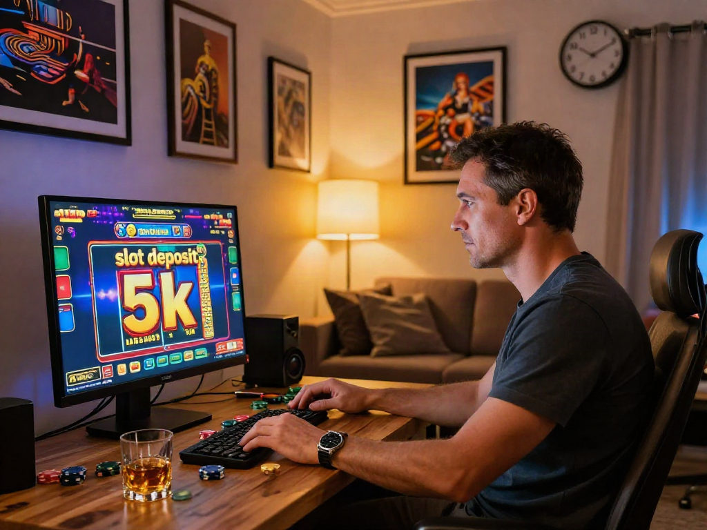 Player enjoying an online game with a 'slot deposit 5k' banner showcasing vibrant casino excitement.