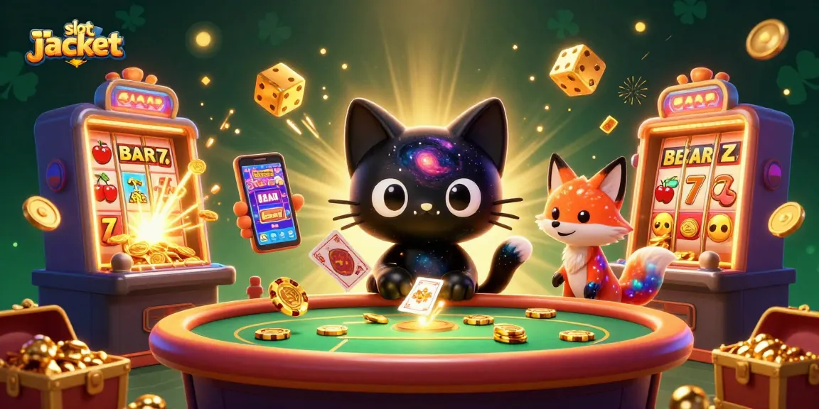 Menghasilkan grafik luar biasa slot jackpot dengan gambar karakter kucing galaksi dan rubah nebula di meja kasino.