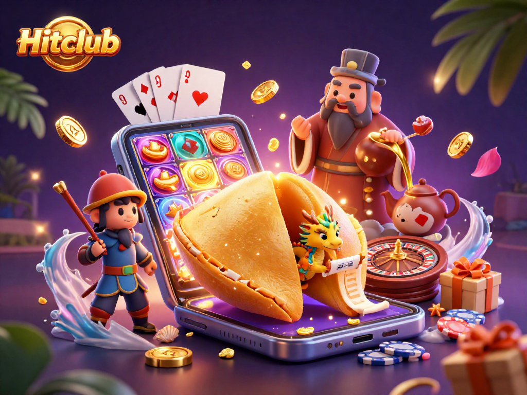 Hitclub players enjoy vibrant slot games surrounded by fortune cookie magic.