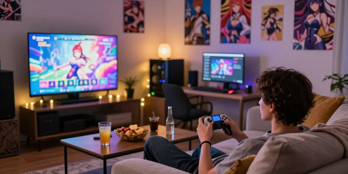 Enjoying hentai games in a cozy gaming room with vibrant visuals and snacks.