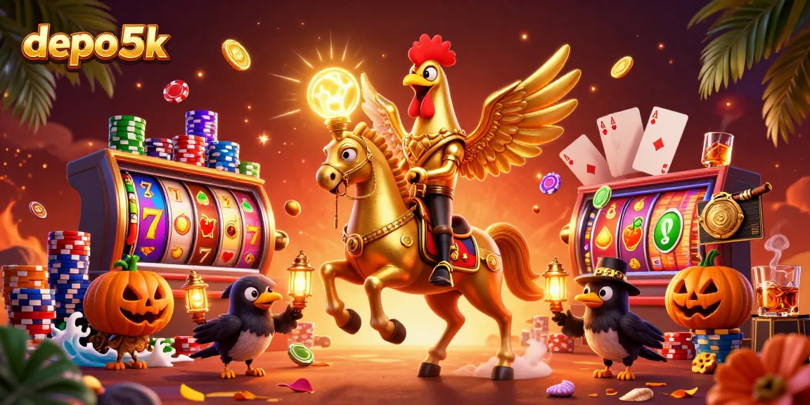 Menangkan jackpot dengan depo 5k, slot gacor berwarna-warni dan petunjuk berbentuk ayam emas.