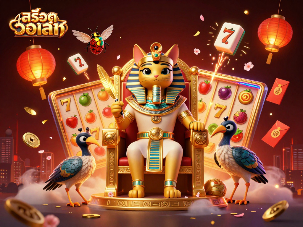 Spin your luck with สล็อตวอเลท in this vibrant casino scene showcasing exciting slot reels and festive elements.