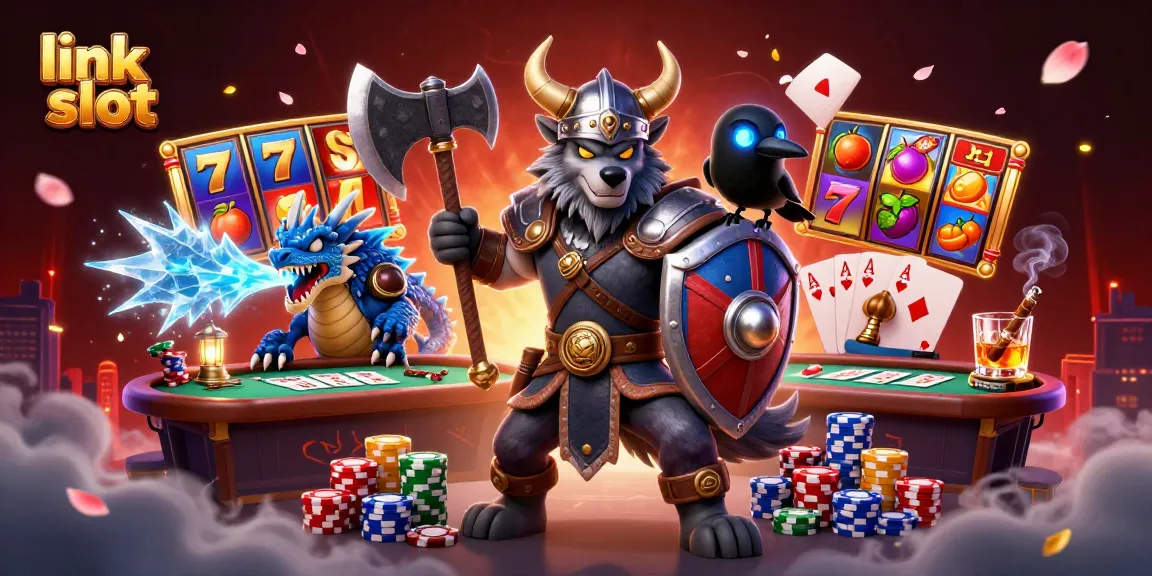 Experience thrilling gameplay with link slot featuring Viking warrior, fierce dragon, and vibrant casino elements.