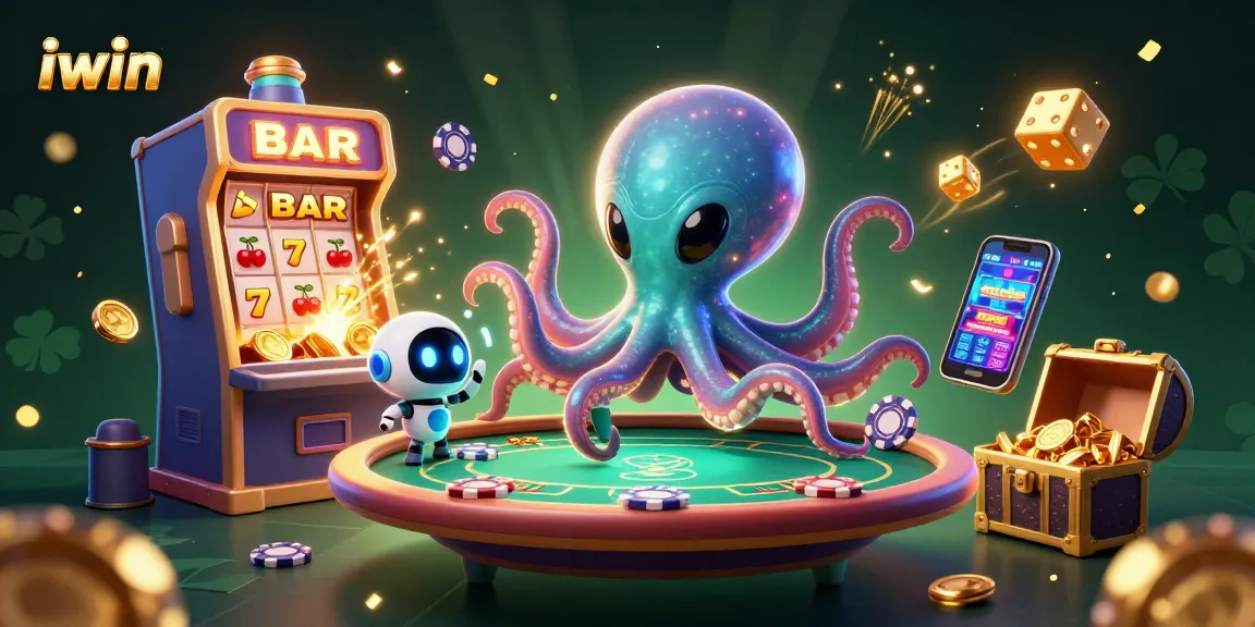Engage with iwin's alien-themed gaming fun at a vibrant casino illustration.