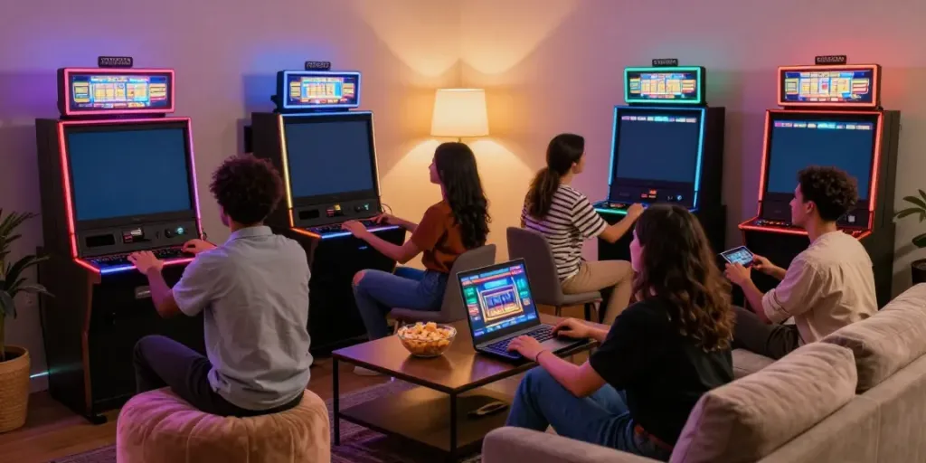Pengalaman bermain slot yang menyenangkan bersama teman di ruang tamu yang nyaman.