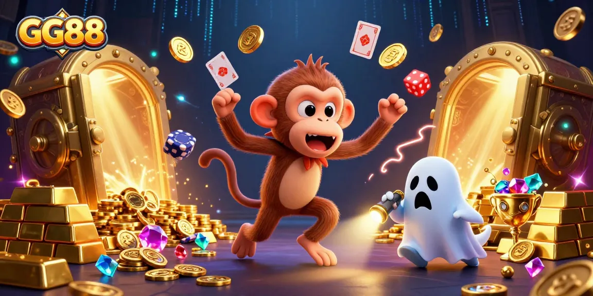 Experience GG88's lively casino atmosphere with a poltergeist monkey and ghost-hunter puppy in action.