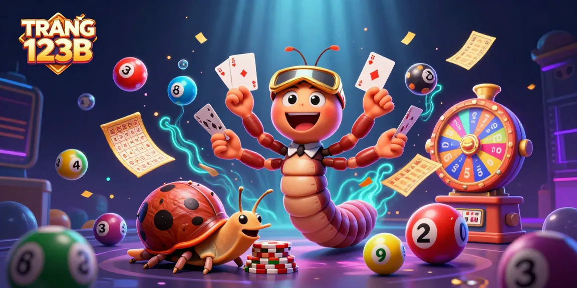 Engage with TRANG CHỦ 123B featuring a vibrant 3D scene of an enthusiastic millipede dealer amongst dynamic lottery elements.