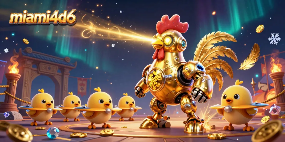 Play and win at miami4d6 with vibrant illustration of a golden rooster and chick drones in a thrilling gambling arena.