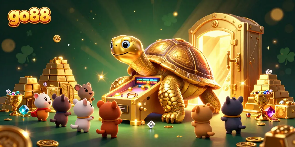Experience the thrill of go88 with a majestic golden tortoise and treasure-filled casino scene!