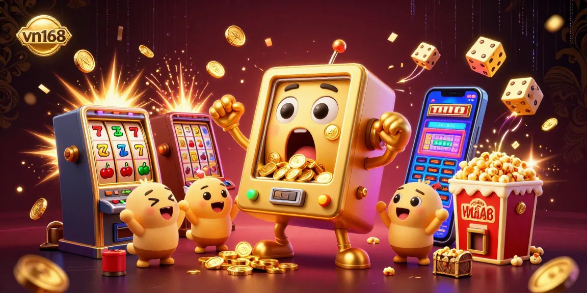 vn168 celebrates big wins with vibrant 3D digital illustration showcasing jackpot excitement among animated slot machines and casino effects.