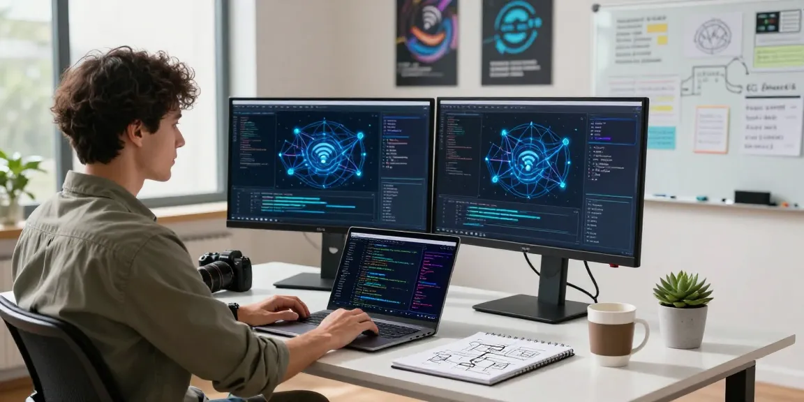 Pengembang menggunakan wifi 4d dalam pengaturan kantor modern dengan layar monitor dan catatan teknologi.