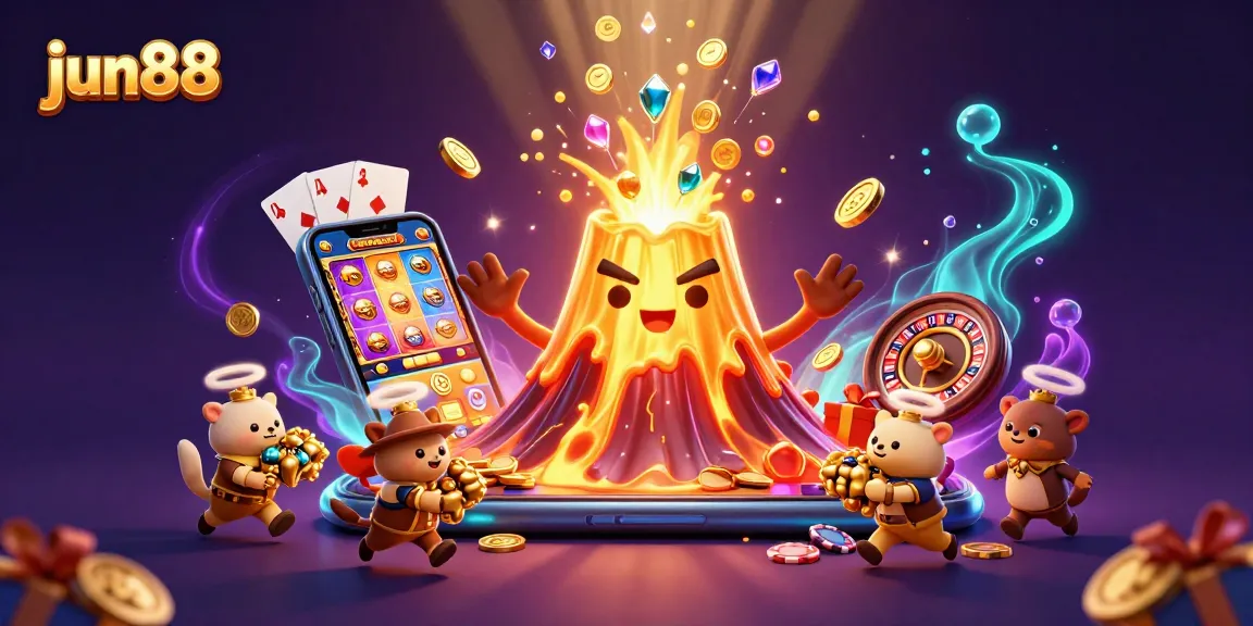 Experience thrilling gameplay at jun88 with a dynamic illustration of a golden volcano erupting treasures.