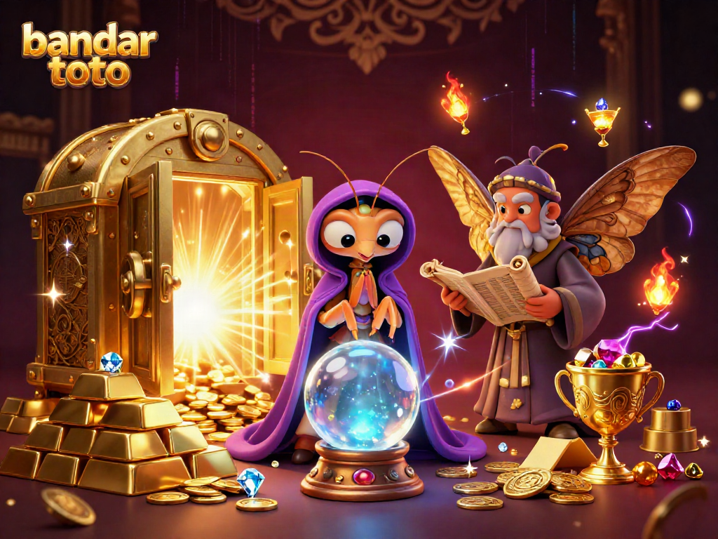 Gambarkan bandar toto dalam suasana permainan yang mewah dengan elemen slot dan harta karun berkilau.