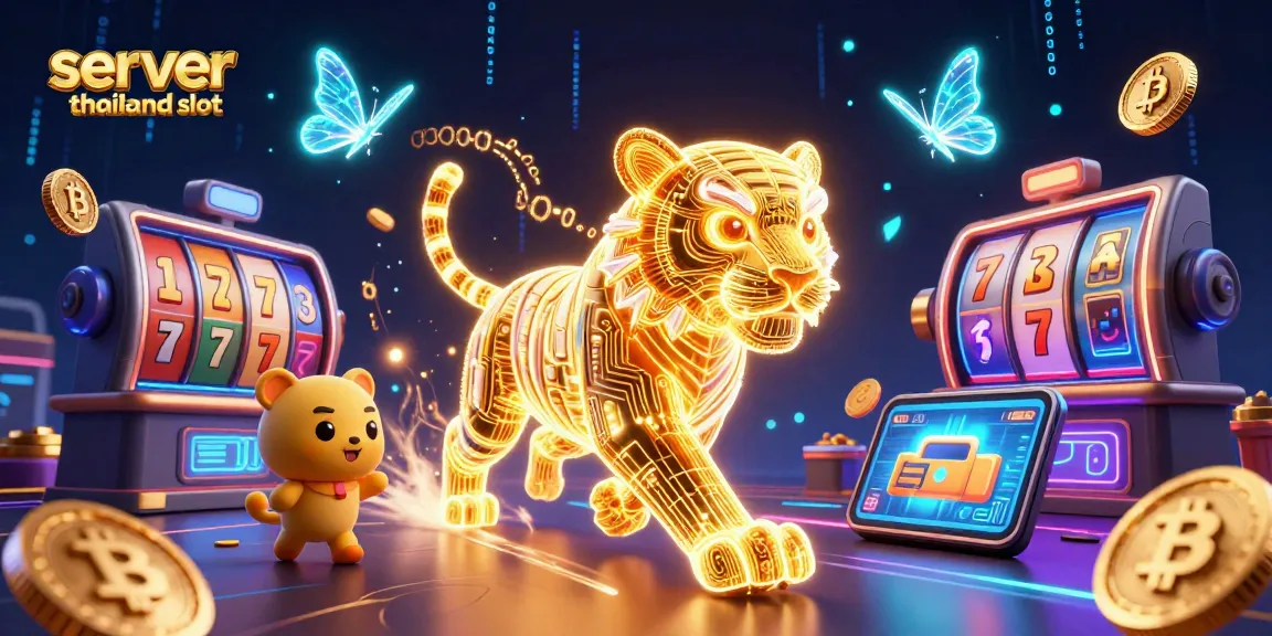Play exciting games on server thailand slot, featuring a glowing tiger, slot reels, and vibrant crypto elements.