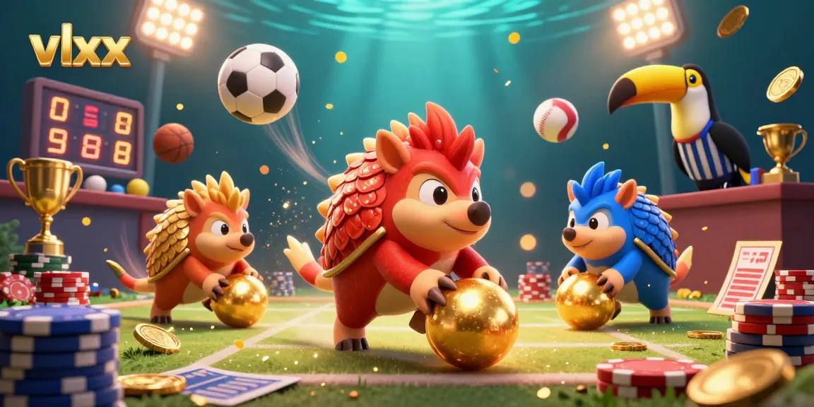 Experience the thrilling action of vlxx with rival pangolins rolling golden balls, surrounded by vibrant casino elements.