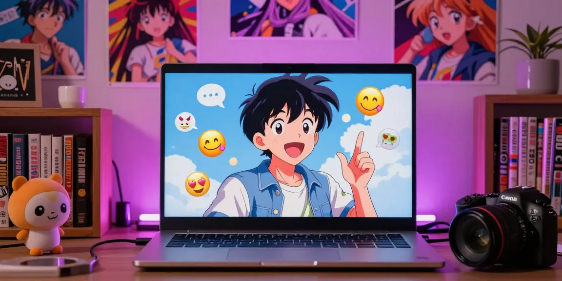 A lively hentai chat scene featuring an animated character engaging joyfully on a laptop with playful emojis, illustrating an interactive virtual experience.