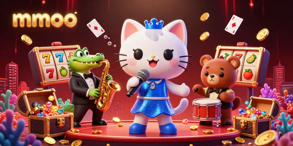 Experience the excitement of mmoo slots with a jazzy 3D scene of animated characters and casino motifs.