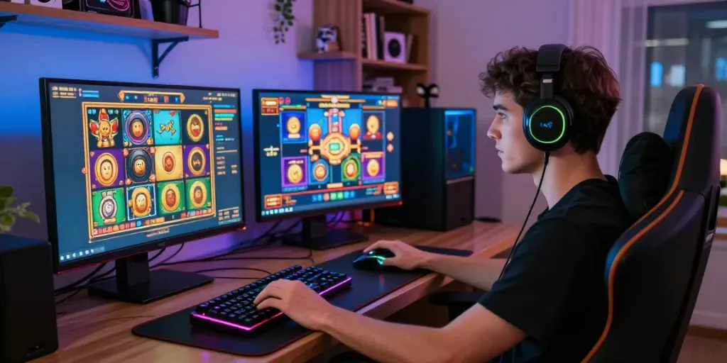 Engaged user playing ทดลองสล็อต on a vibrant gaming setup.