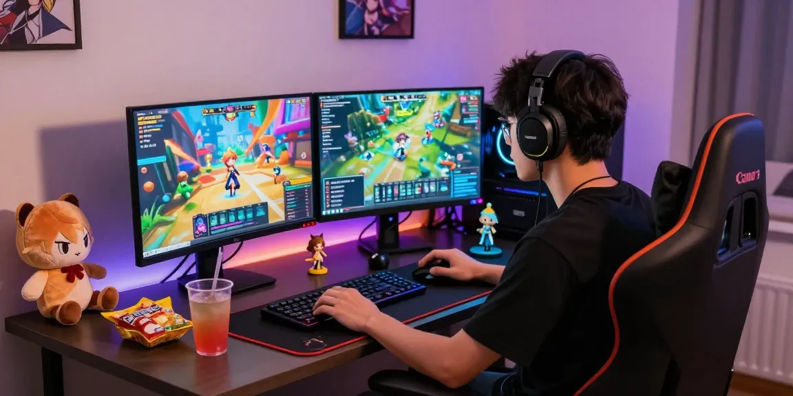 Engaging gamer immersed in hentai game with colorful graphics and vibrant setup.