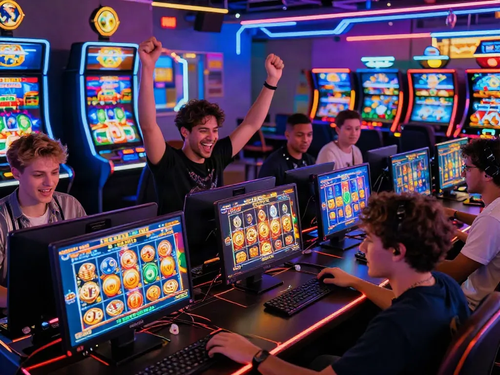Exciting slot game atmosphere with players celebrating wins in a vibrant online casino.