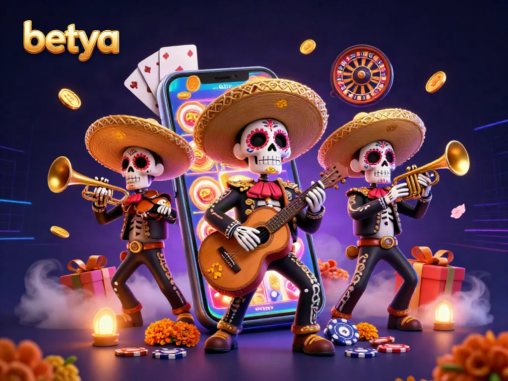 Betya offers a vibrant casino scene with Day of the Dead mariachi skeletons enjoying slot games and betting excitement.