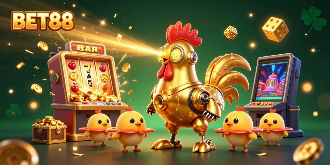 Experience the excitement of BET88 with a vibrant illustration of a golden rooster robot alongside baby chick drones amidst a jackpot explosion.