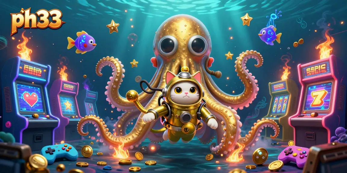 Experience the excitement of ph33 with a vivid underwater casino scene featuring a kraken and diving cat.