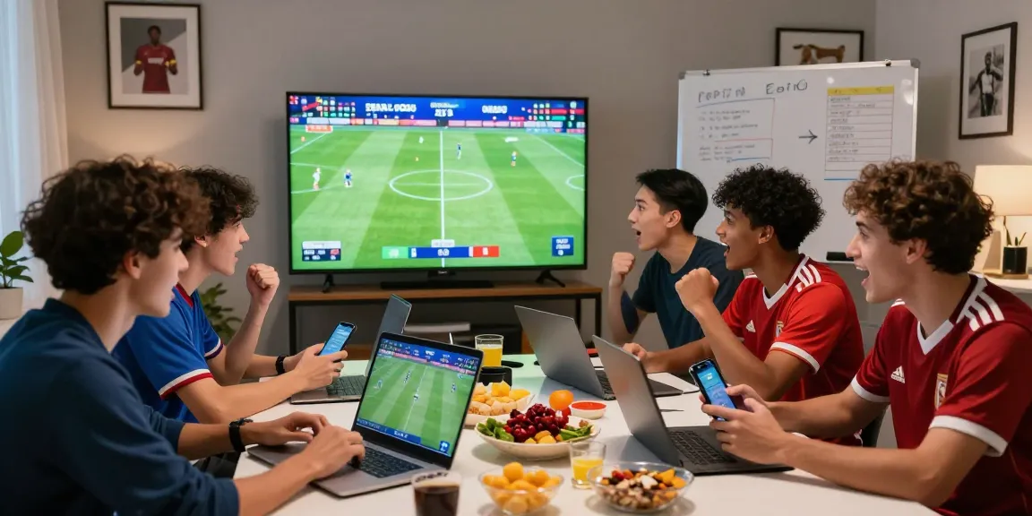Exciting sports betting moment with friends celebrating as they place bets on football odds at home, using ทางเข้าfun88 ล่าสุด ไม่โดนบล็อก.
