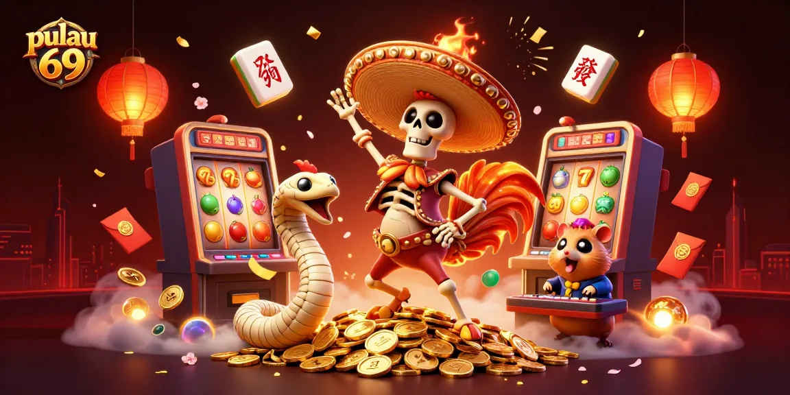 Experience pulau 69 with vivid scenes of winnings, including jackpot spinning slots and playful characters.