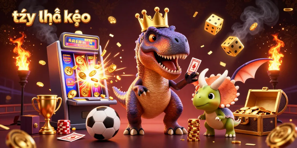 Engage with tỷ lệ kèo in a dynamic 3D scene featuring a playful dinosaur characters and sports betting elements.