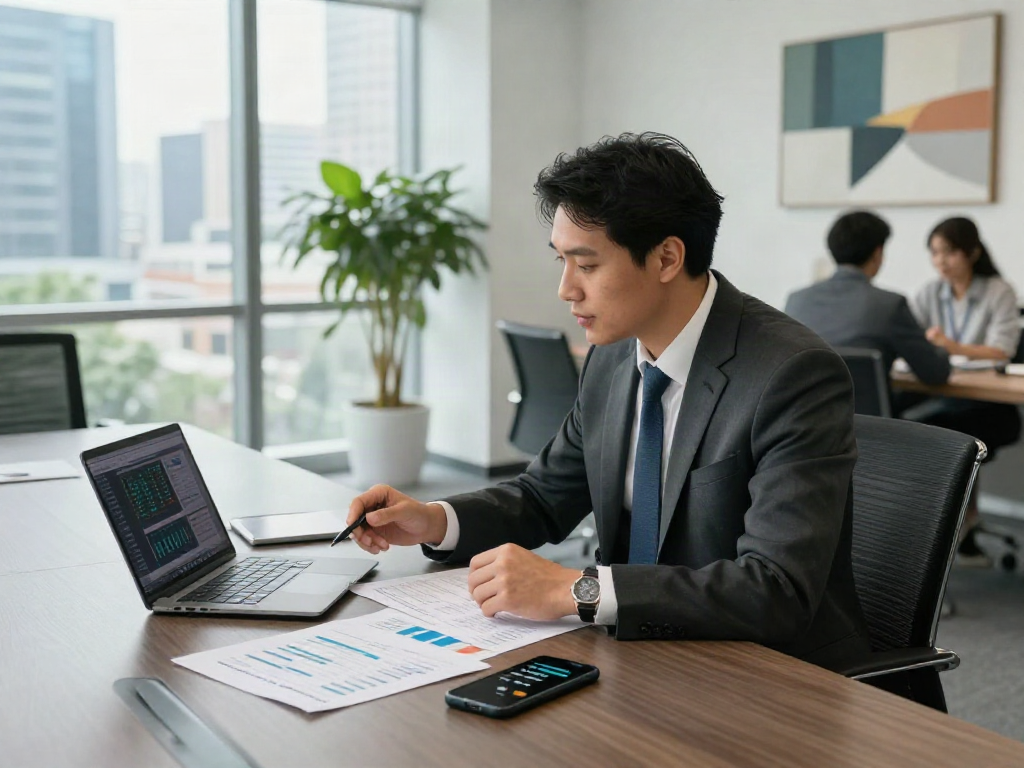 Financial advisor discussing depo 10k investment strategies in modern office.