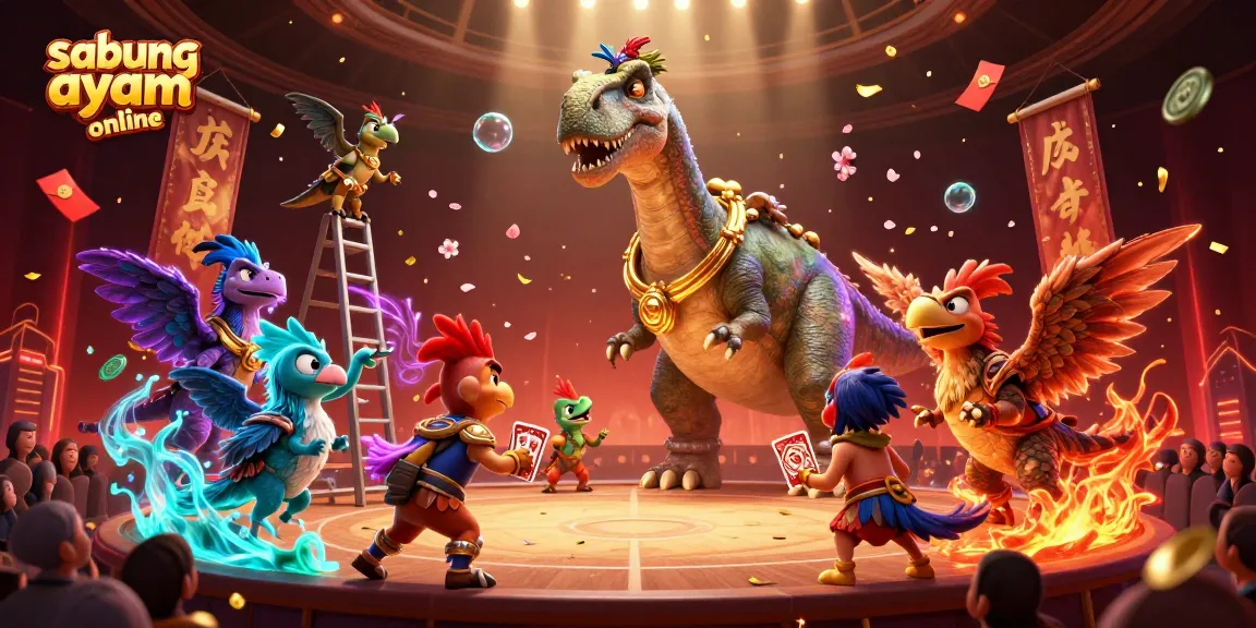 Engage in thrilling sabung ayam online action as a brontosaurus oversees an intense cockfight from above.