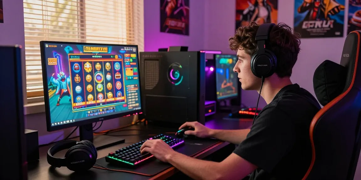 Engaged gamer playing slot gacor online, vibrant graphics and immersive setup.