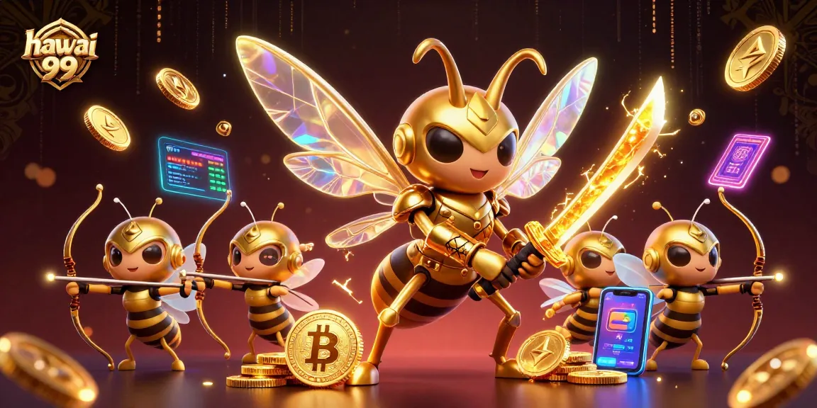 Experience hawai 99 action in an electrifying 3D casino scene with golden hornet and crypto elements.